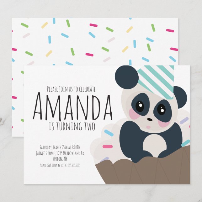 Panda Cupcake Sprinkles Anniversaire Invitation Po (Devant / Derrière)