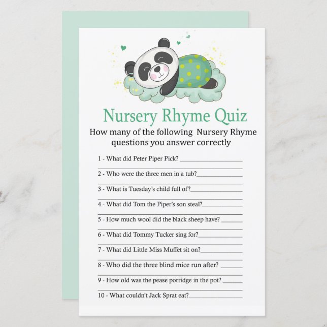 Panda dormant Nursery Rhyme Quiz jeu de baby showe (Devant / Derrière)