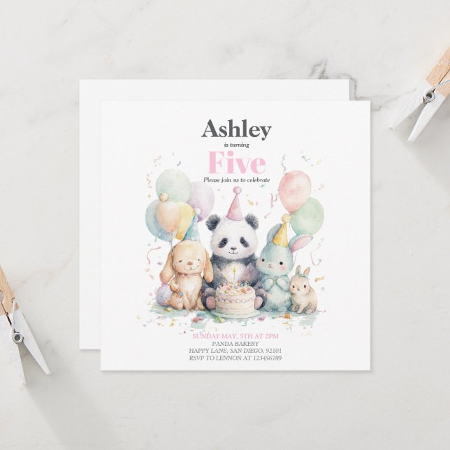 Panda et amis anniversaire & fête Invitation (Devant/Arrière en situation)