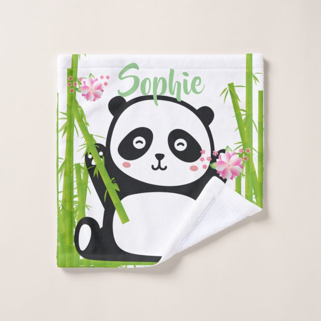 Panda heureux avec bambou et fleurs de cerisiers (Gant de toilette)