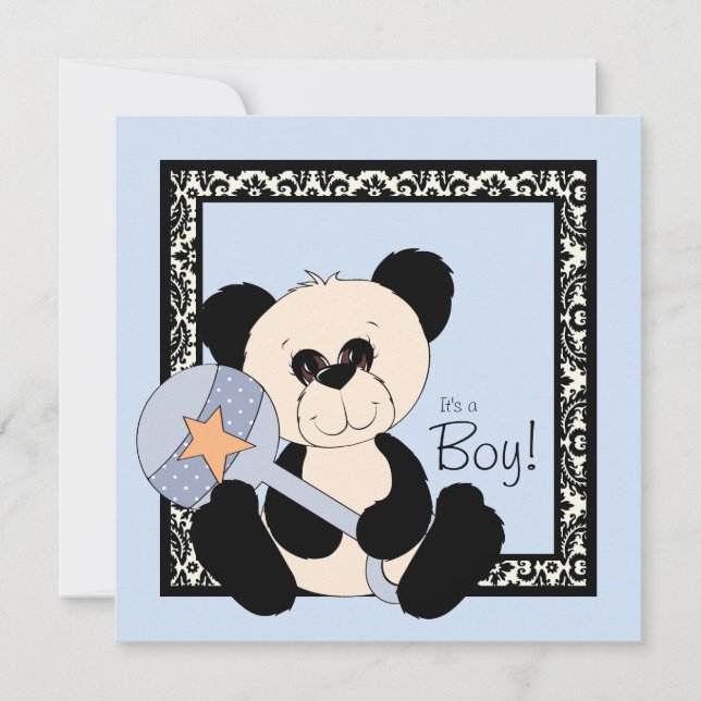 Panda noir et Bleu Invitations de douche bébé (Devant)