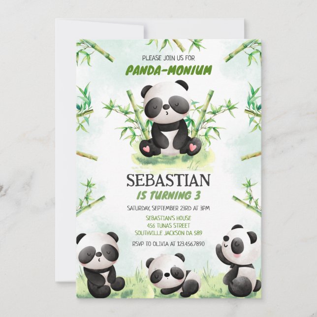 Panda Panda-monium Birthday Invitation (Devant)