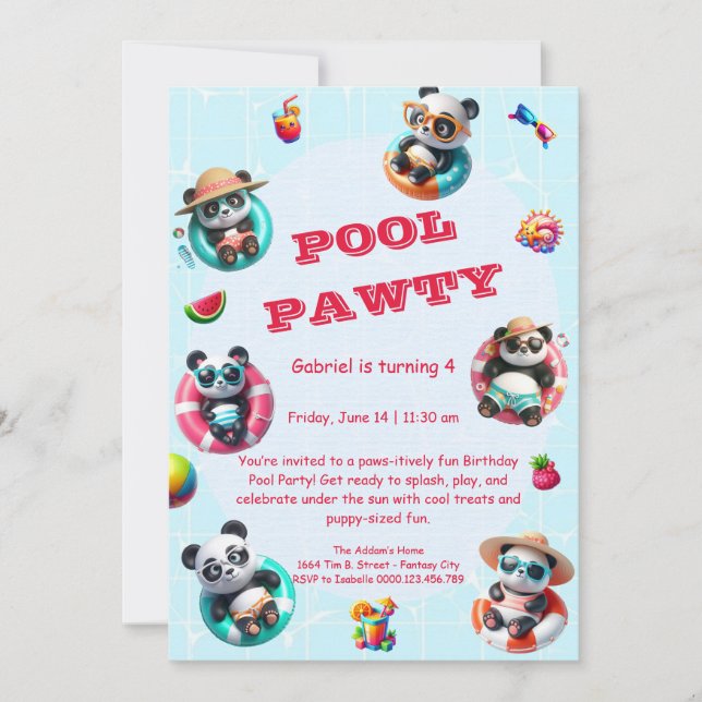 Panda Panda Panda fête Anniversaire Invitation été (Devant)