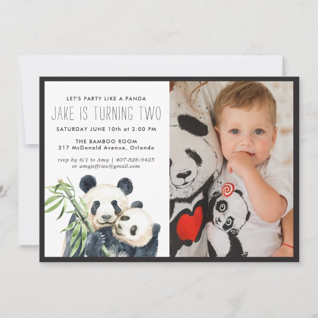 Panda Party | Invitation monochrome et photo (Devant)