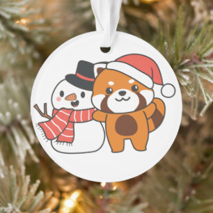 Panda Rouge Avec Snowman En Hiver Pour Noël Ou