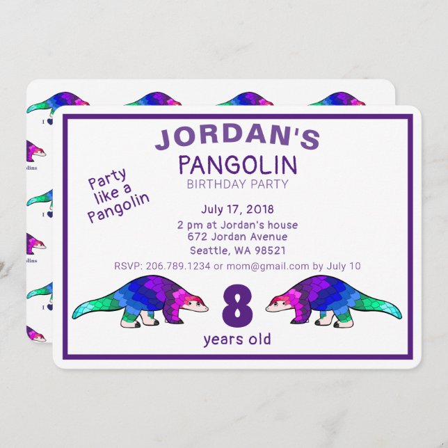 Pangolin coloré Invitation d'anniversaire (Devant / Derrière)