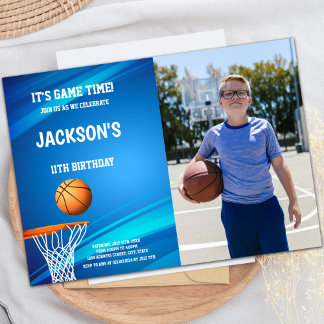 Panier Bleu dos Basket Invitations avec photo