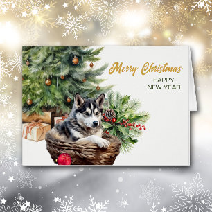 Panier de Noël en osier pour chien Husky de Sibéri