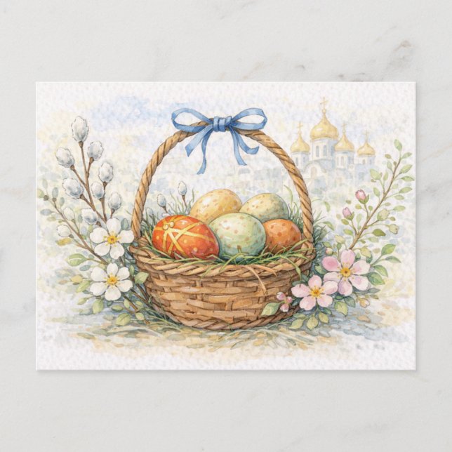 Panier de Pâques Œufs Peints Carte Postale Aquarel (Devant)