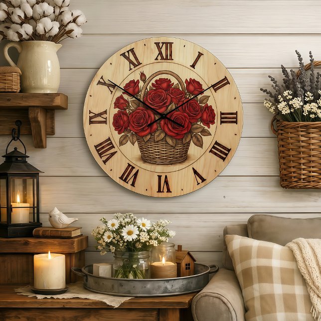Panier de roses rouges Horloge murale (Créateur téléchargé)
