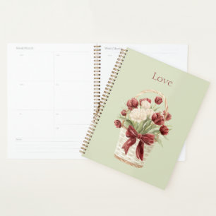 Panier de tulipes fleurs rouges et blanches