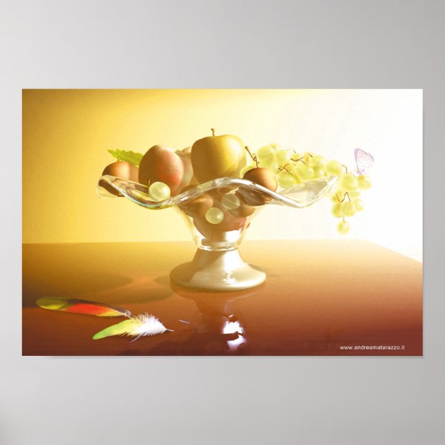 Panier de verre avec des fruits et une affiche de  (Devant)
