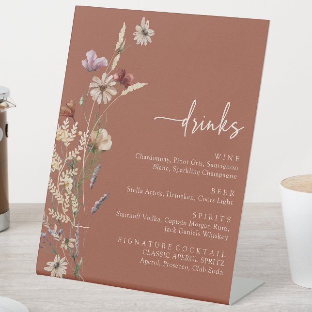 Panneau boisson florale en terre cuite (Terracotta Floral Drinks Sign by Painted Paperie
)