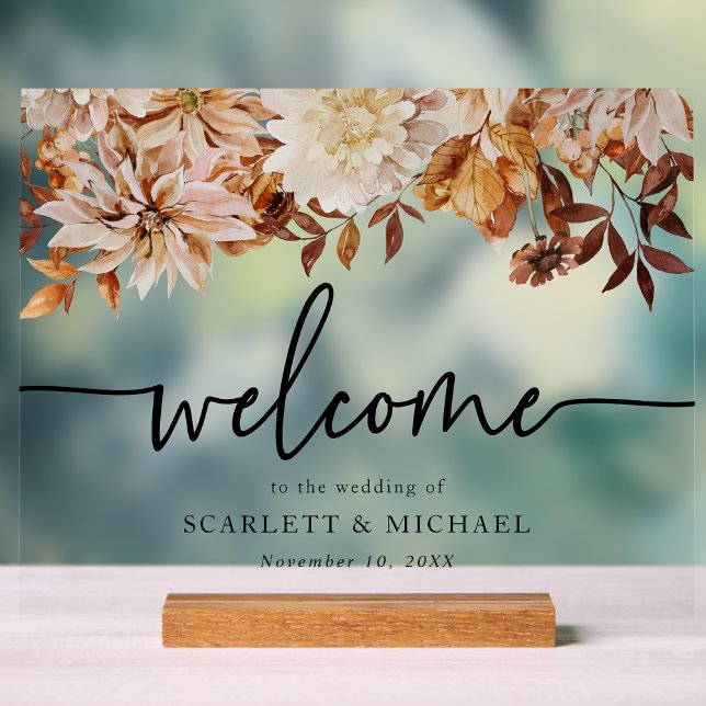 Panneau d'accueil d'automne en acrylique (Fall Floral Horizontal Wedding Welcome Acrylic Sign by Painted Paperie
)