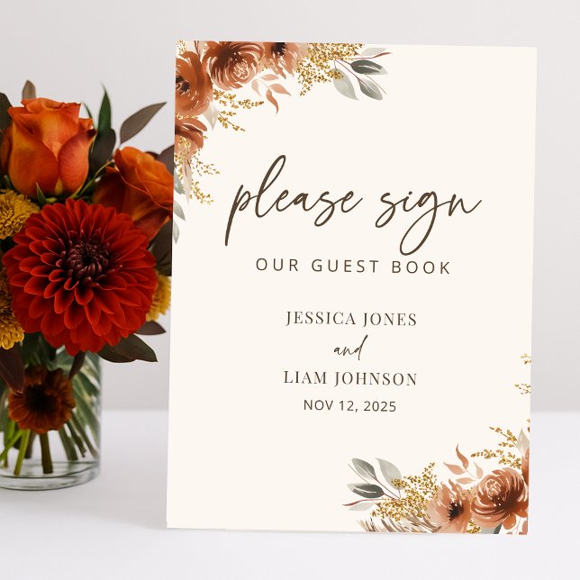 Panneau d'accueil Mariage Boho Floral Fall Terraco (Terracotta Fall Floral Boho Wedding Guestbook Sign)