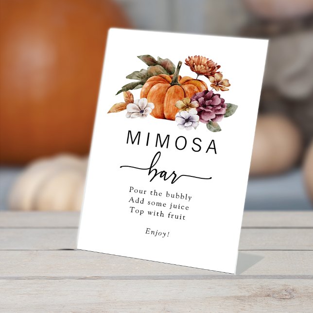 Panneau de bar d'automne Mimosa (Fall Pumpkin Floral Bridal Shower Mimosa Bar Table Top Pedestal Sign by Painted Paperie
)