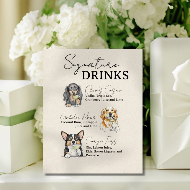 Panneau de bar de boissons de mariage à trois chie (https://www.zazzle.com/three_dog_wedding_signature_drinks_bar_sign-256145900329140253)