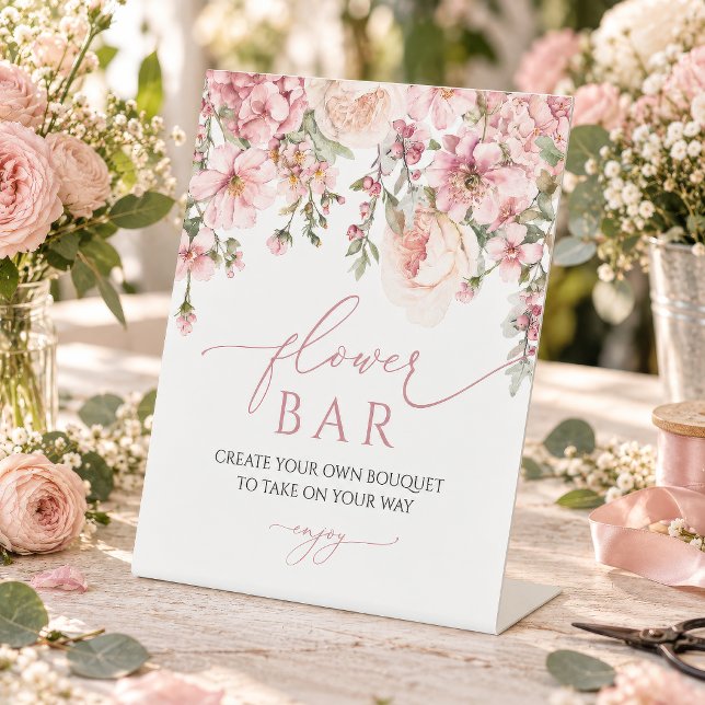 Panneau de bar de fleurs d'hortensia rose (Pink Hydrangea & Blush Roses Flower Bar Shower Sign, create your own bouquet, pedestal display)