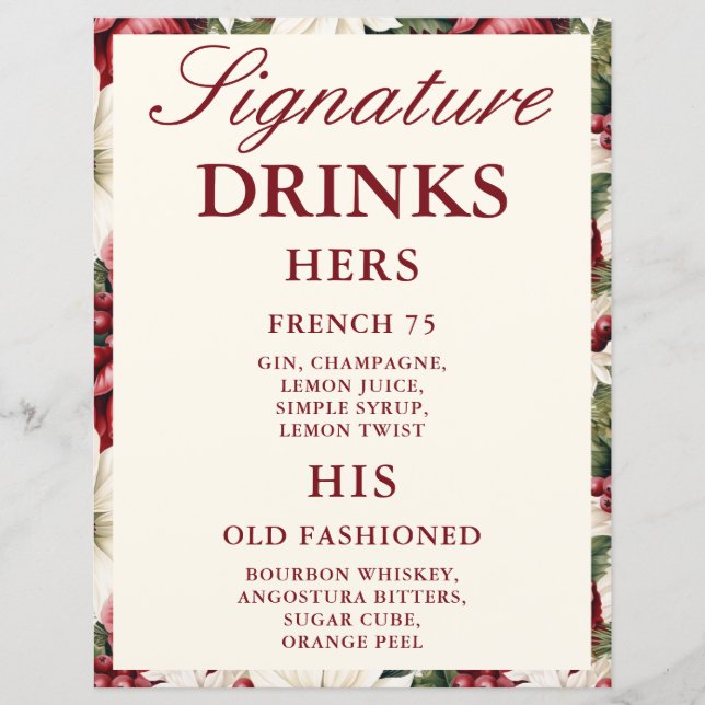 Panneau de bar de mariage avec boissons signature  (Devant)
