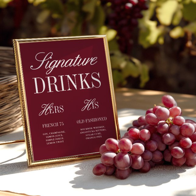 Panneau de bar de mariage Boissons de signature él (Burgundy Elegant Signature Drinks Wedding Bar Sign)