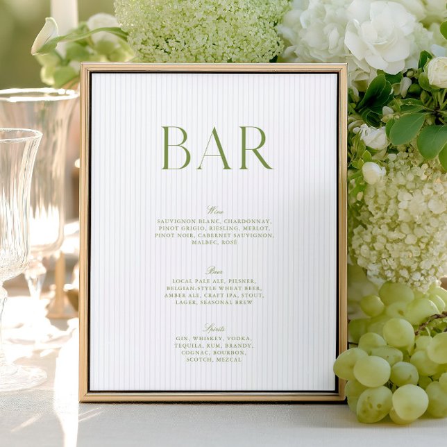 Panneau de bar de mariage élégant avec des rayures (Elegant Sage & Soft Blue Stripes Wedding Bar Sign)