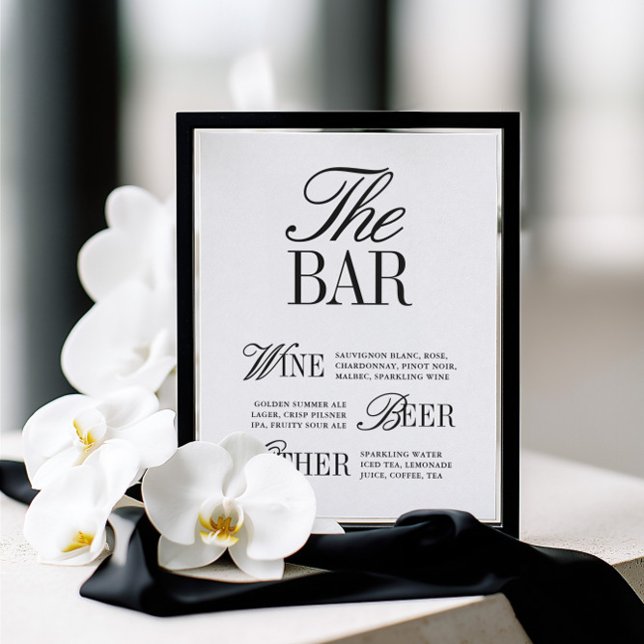 Panneau de bar de mariage élégant noir et blanc (Elegant Black & White Wedding Bar Sign)