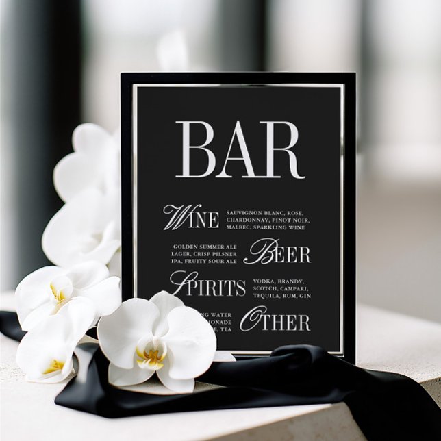 Panneau de bar de mariage élégant noir et blanc su (Elegant Black & White Wedding Bar Sign Tabletop)