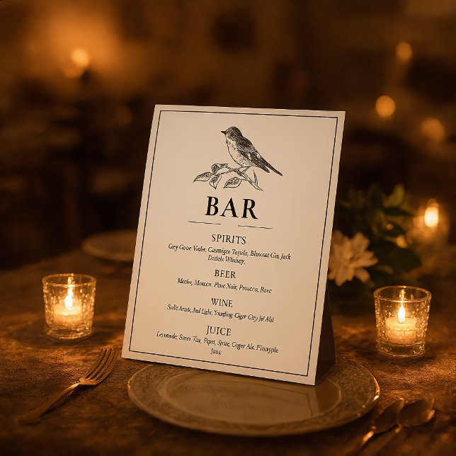 Panneau de bar de mariage noir et blanc oiseau vin (Créateur téléchargé)