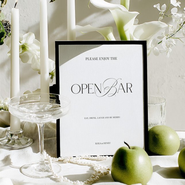 Panneau de bar ouvert de mariage moderne élégant n (Elegant Black & White Modern Wedding Open Bar Sign)