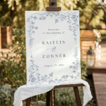 Panneau de bienvenue de mariage bleu poussiéreux f