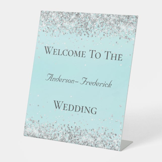 Panneau de bienvenue de mariage élégant bleu paill (Recto)