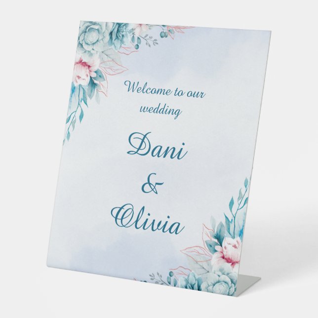 Panneau de bienvenue de mariage floral sarcelle (Recto)
