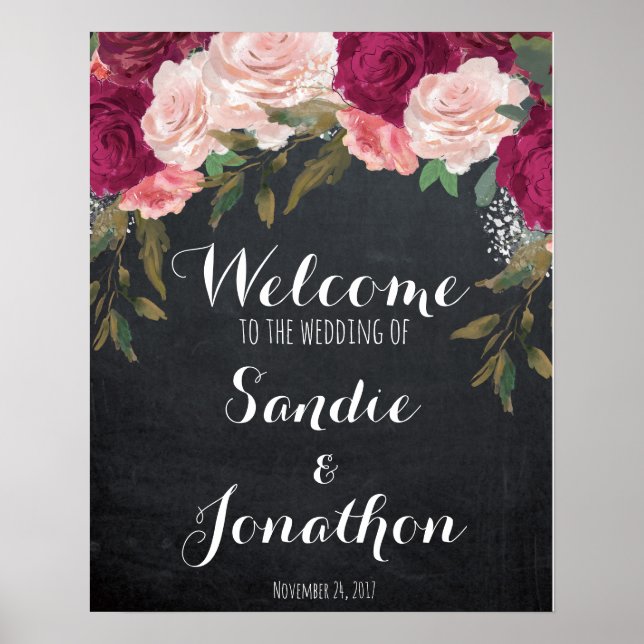 Panneau de bienvenue de mariage tableau noir flora (Devant)