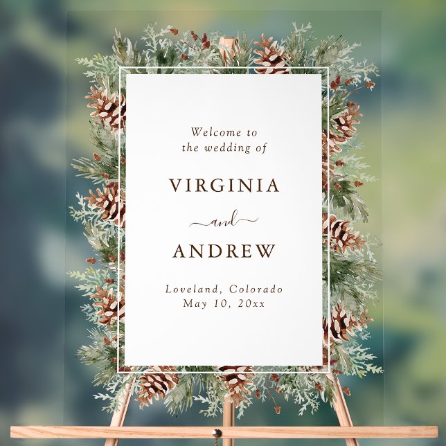 Panneau de bienvenue en acrylique Elegant Pine (Elegant Pinecone Evergreen Wedding Welcome Acrylic Sign by Painted Paperie
)