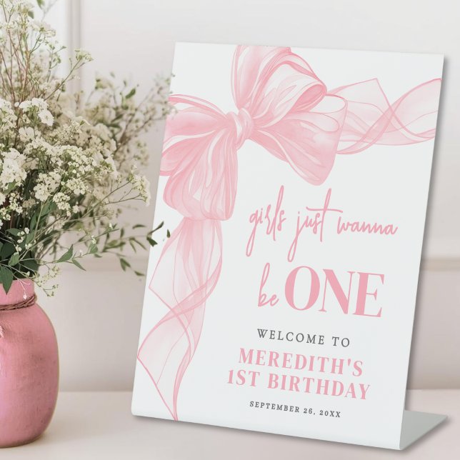 Panneau de bienvenue pour le 1er anniversaire des  (Pink Bow Girls 1st Birthday Welcome Sign)