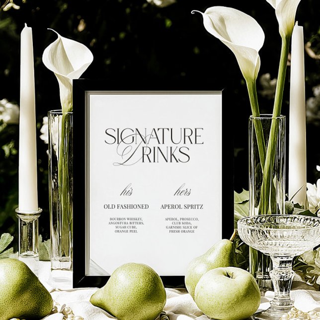 Panneau de boissons signatures de mariage moderne  (Black & White Modern Wedding Signature Drinks Sign)