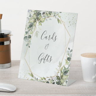 Panneau de cadeaux de mariage géométriques au euca