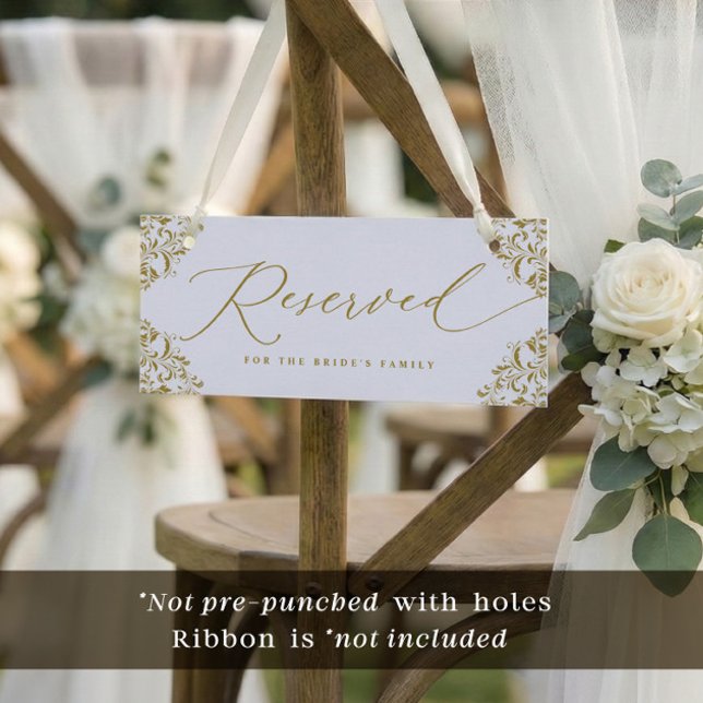 Panneau de chaise ou de rangée réservé pour mariag (Elegant vintage gold wedding reserved card to hang on chairs - Ribbon not included.)