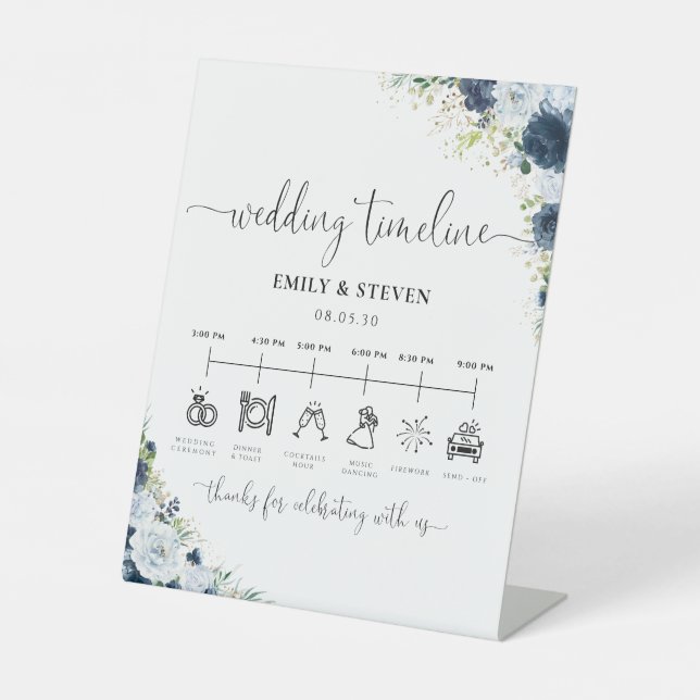 Panneau de chronologie de mariage floral Navy bleu (Recto)