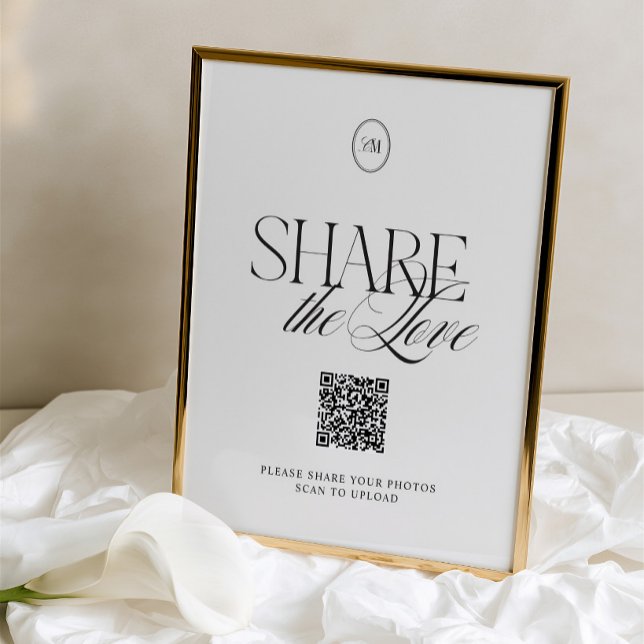 Panneau de code QR 'Partagez l'amour' élégant noir (Elegant Black & White Share the Love QR Code Sign)
