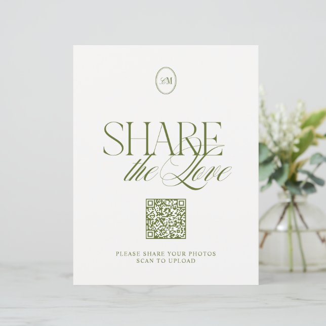 Panneau de code QR « Partagez l'amour » vert olive (Debout devant)