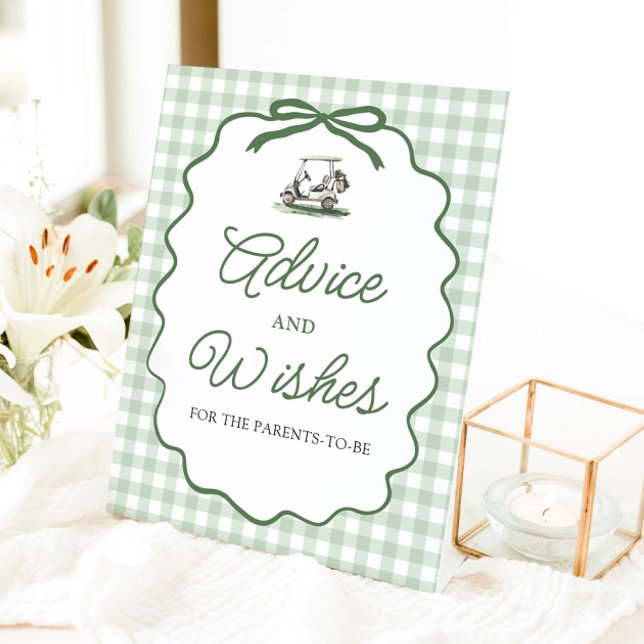 Panneau de conseils et de vœux de golf à nœud papi (Sage Green Gingham Bow Golf Advice and Wishes Sign)