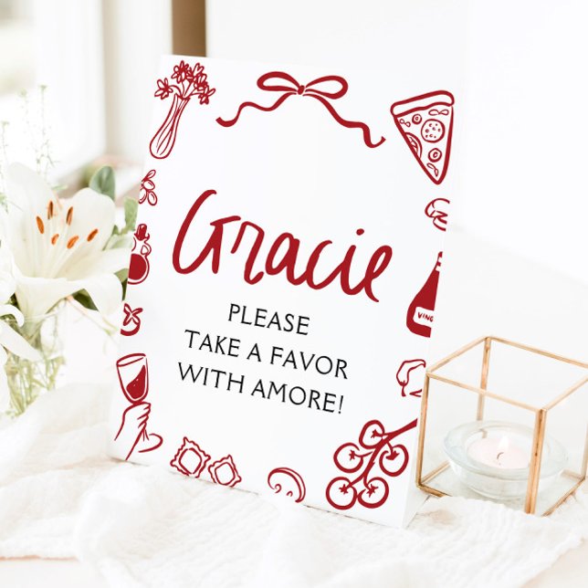 Panneau de faveurs de pizza et de pâtes italiennes (Red Italian Hand Drawn Pizza Pasta Favors Sign)