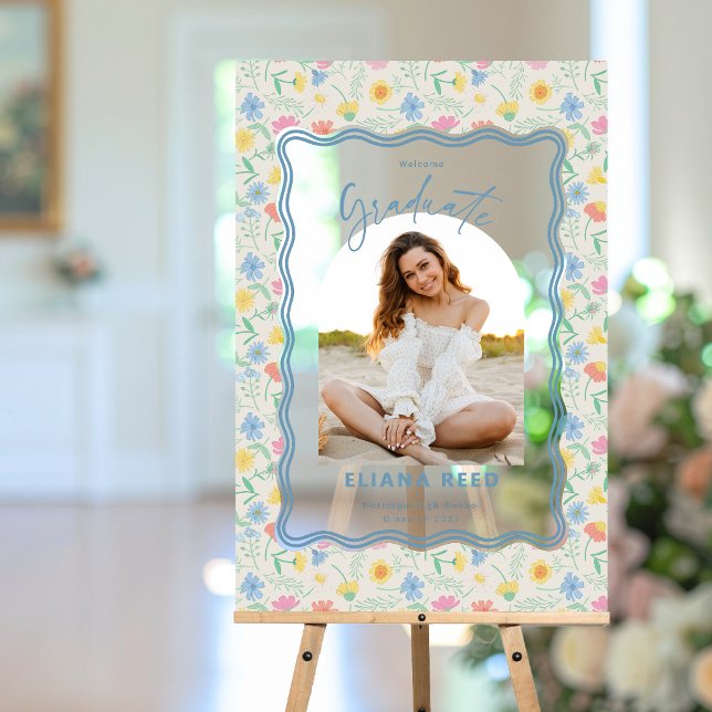 Panneau de fête de remise de diplômes en acrylique (Acrylic Wildflower Graduation Party Poster transparent with photo)
