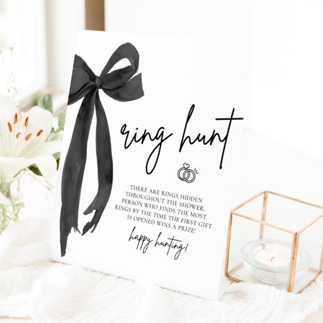 Panneau de jeu de chasse aux alliances de fiançail (Modern Black Bow Ring Hunt Bridal Shower Game Sign)