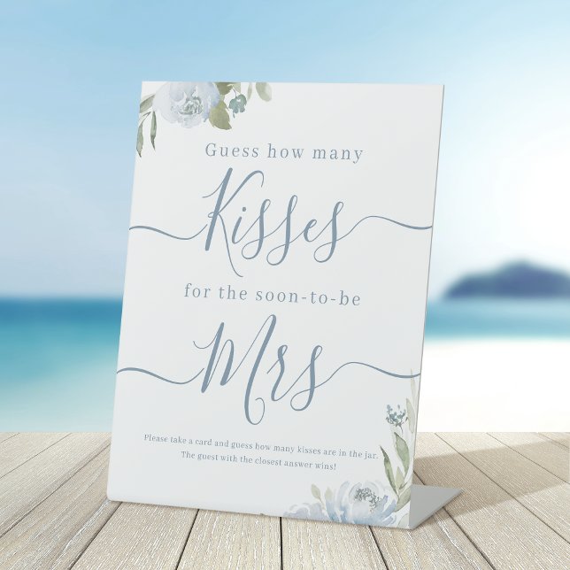 Panneau de jeu devinez combien de baisers bleu flo (Dusty blue floral share a memory bridal shower pedestal sign)