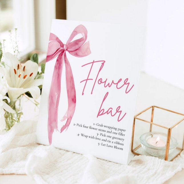 Panneau de la barre de Fête des mariées de la flèc (Blush Pink Bow Bridal Shower Flower Bar Sign)