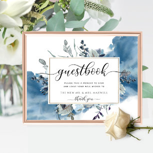 Panneau de livre d'or à l'aquarelle bleue et flora