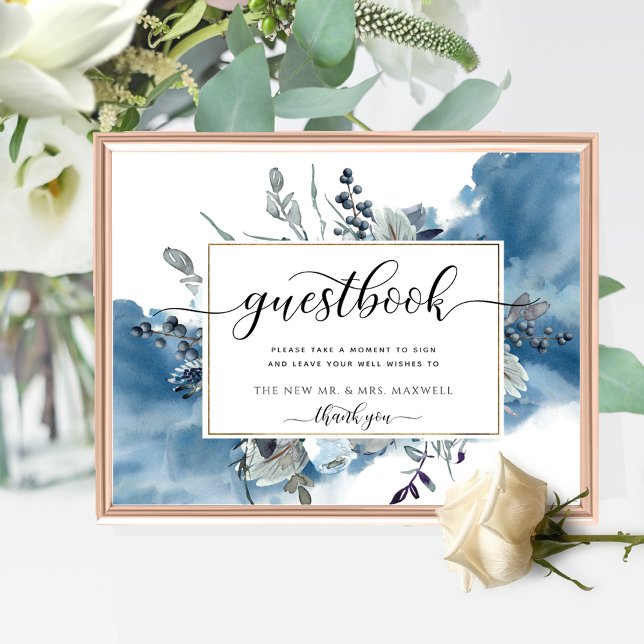 Panneau de livre d'or à l'aquarelle bleue et flora (Créateur téléchargé)