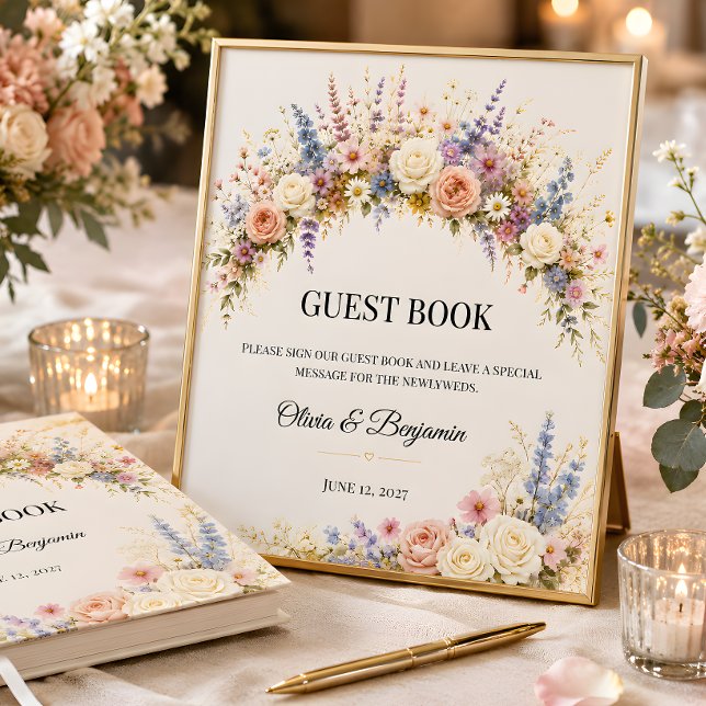 Panneau de livre d'or de fleurs sauvages de luxe (Part of the luxury wildflower meadow wedding theme collection, guest book sign)